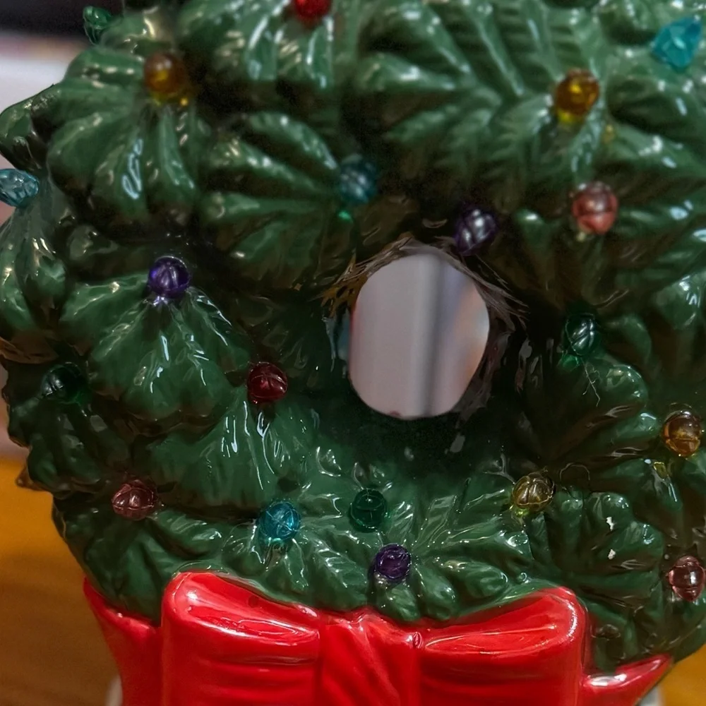 Festive Green Holiday Wreath with Red Bow Lights light up